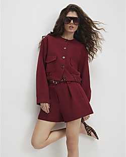 Red Long Sleeve Pocket Detail Bomber Jacket