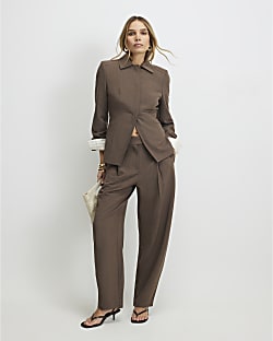 Brown Tailored Barrel Leg Trousers
