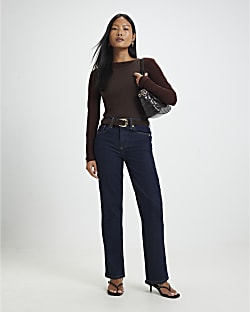 Petite Blue Belted Stretch Straight Leg Jeans