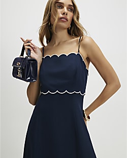 Navy Linen Blend Scallop Trim Midi Dress