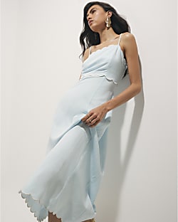 Blue Linen Blend Scallop Trim Midi Dress
