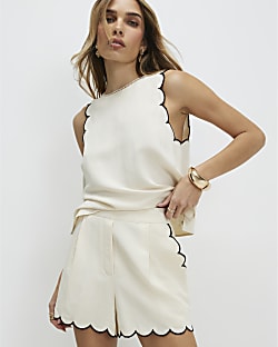 Cream Linen Blend Scallop Trim Shorts