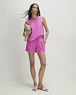 Pink Linen Blend Scallop Trim Shorts