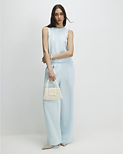 Blue Scallop Trim Wide Leg Trousers
