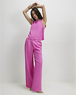 Pink Linen Blend Scallop Wide Leg Trousers