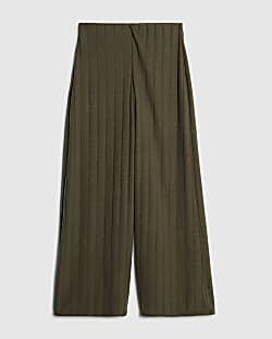 Petite Khaki Cosy Wide Ribbed Trousers