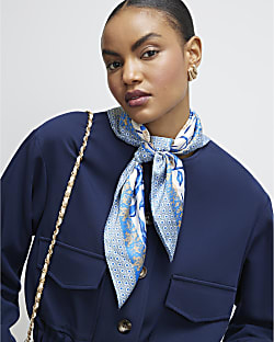 Blue Floral Print Tie Scarf