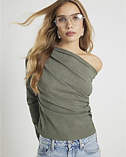 Khaki Long Sleeve Pleated Off Shoulder Top