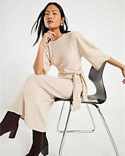 Petite Beige Short Sleeve Ribbed Cosy Dress