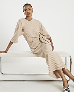 Beige Short Sleeve Cosy Ribbed Midi Dress