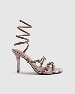 Pink Flower Embellished Wrap Heeled Sandals