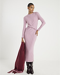 Pink Long Sleeve Cosy Twist Front Midi Dress