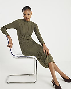 Khaki Long Sleeve Cosy Twist Front Midi Dress