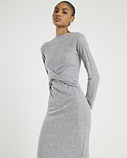 Grey Long Sleeve Cosy Twist Front Midi Dress