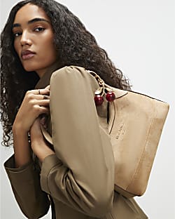 Beige Faux Suede Cherry Charm Shoulder Bag