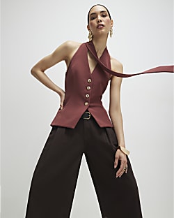 Brown Sleeveless Scarf Neck Waistcoat