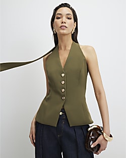 Khaki Scarf Neck Waistcoat