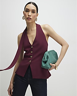 Purple Sleeveless Scarf Neck Waistcoat