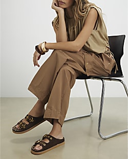 Brown Leopard Footbed Double Strap Sandals