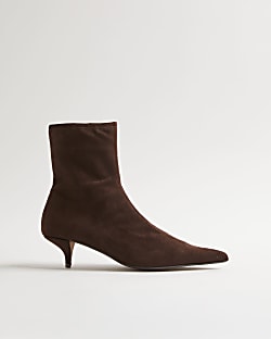 Brown Faux Suede Pointed Toe Sock Boots