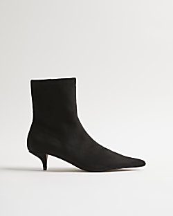 Black Faux Suede Pointed Toe Sock Boots