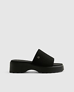 Black Wide Fit Knitted Mule Flatform Sandals