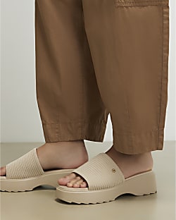 Beige Wide Fit Knitted Mule Flatform Sandals