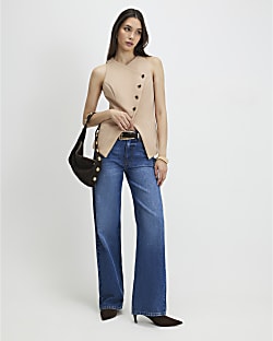 Beige Collarless Asymmetric Waistcoat