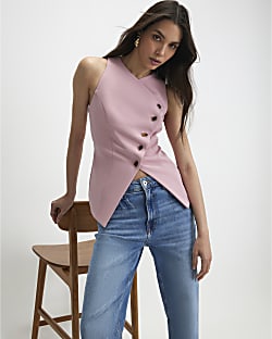 Pink Collarless Asymmetric Waistcoat