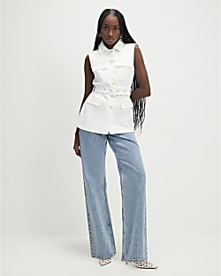 Cream Sleeveless Belted Utility Waistcoat