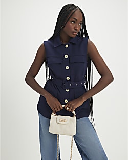 Navy Sleeveless Belted Utility Waistcoat