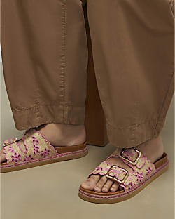 Beige Double Strap Scallop Trim Sandals