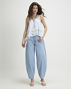 Blue Elastic Back Soft Barrel Leg Jeans