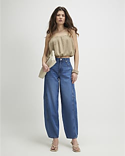 Blue Elastic Back Soft Barrel Leg Jeans