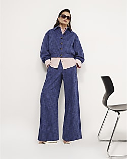 Navy Linen Look Wide Leg Trousers