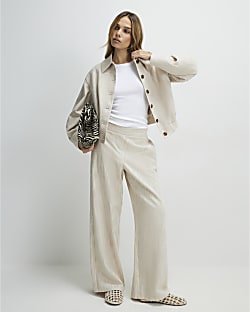 Beige Linen Look Wide Leg Trousers
