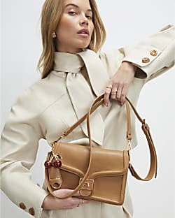 Beige Tab Front Cherry Charm Shoulder Bag