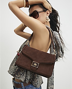 Brown Faux Suede Cherry Charm Shoulder Bag