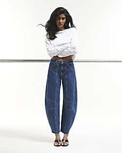 Blue Mid Rise Seamed Raw Hem Barrel Jeans
