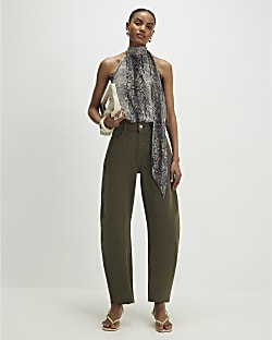 Khaki Raw Hem Barrel Leg Jeans