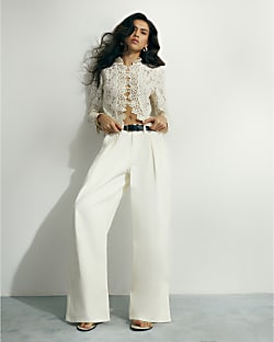 Cream Belted Pleated Wide Leg Jeans