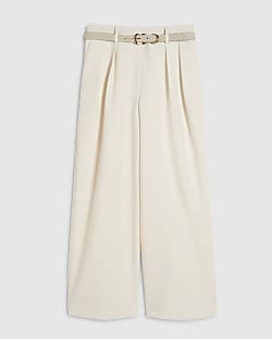 Petite Cream Belted Wide Leg Trousers