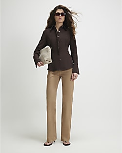 Beige Stretch Straight Leg Jeans