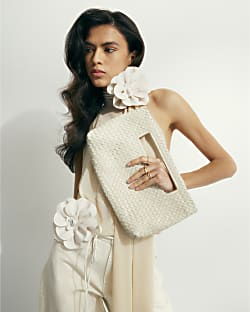 Cream Woven Leather Clutch Bag