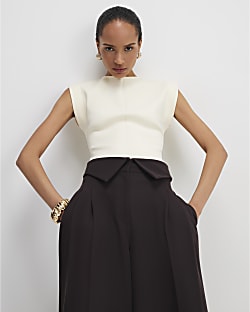 Cream Fitted Knit Sleeveless Top