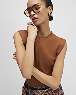 Brown Fitted Knit Sleeveless Top