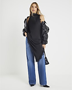 Black Satin Longline Lace Trim Top