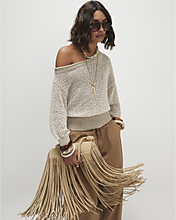 Beige Open Stitch Knitted Off Shoulder Top