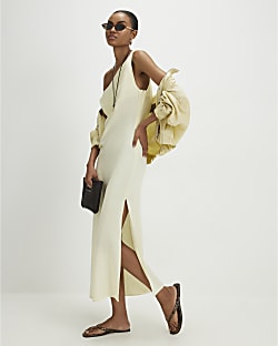 Yellow Linen Blend Asymmetric Midi Dress