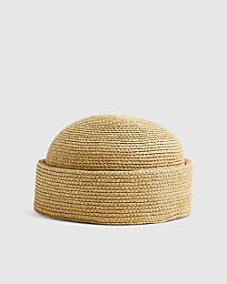 Beige Raffia Turn Back Pillbox Hat